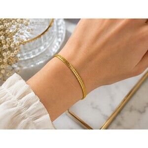 Vintage Korea Gold Tone Herringbone Chain Bracelet Flat Snake Link 7.25" Retro
